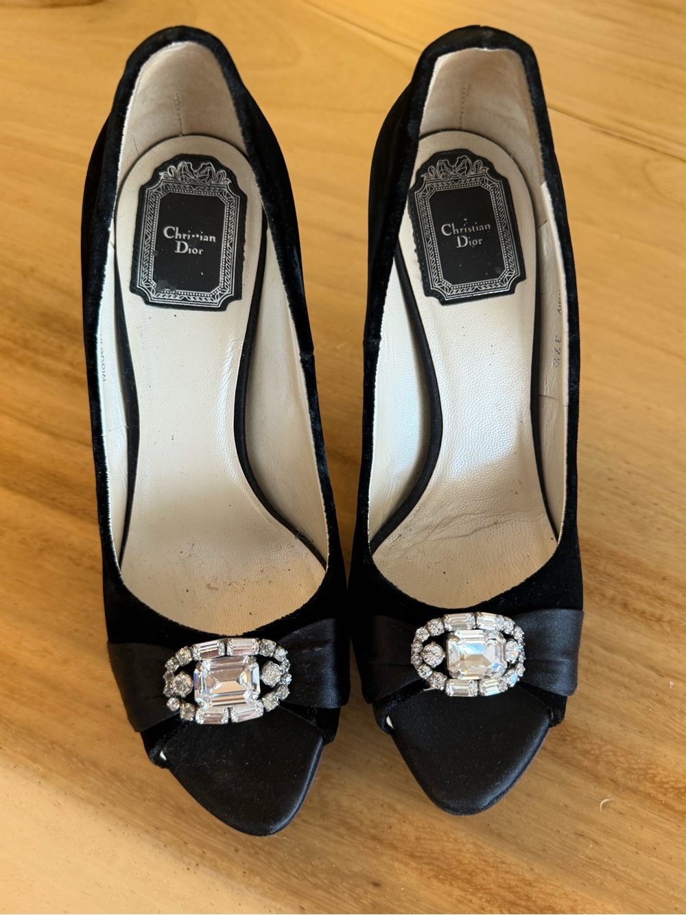 Vintage Christian Dior Black Satin Crystal-Embellished Peep-Toe Pumps